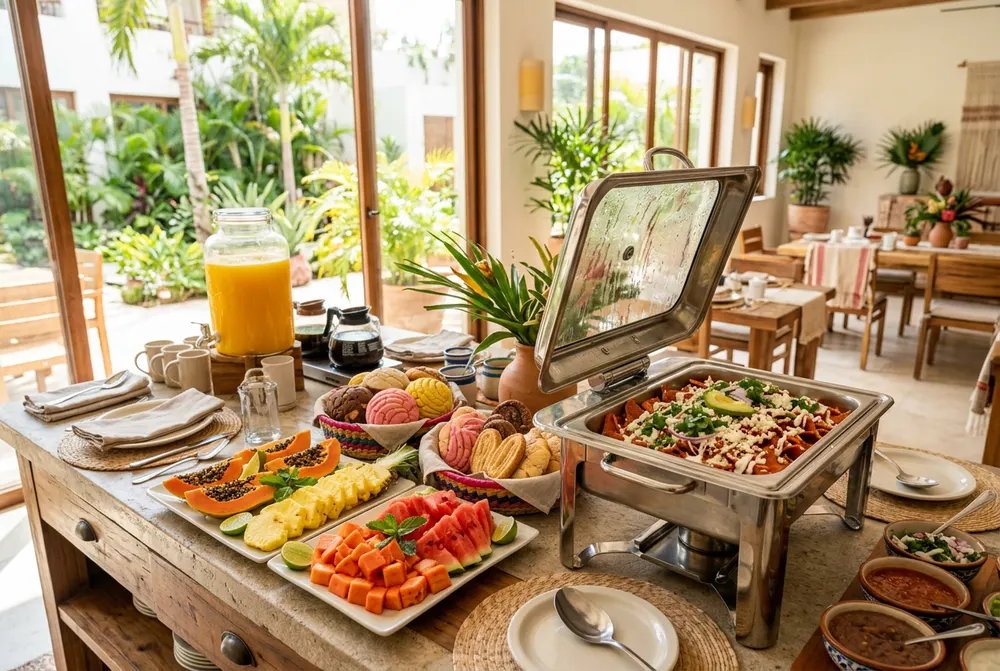 Bufete de desayuno con fruta, pan dulce y chilaquiles