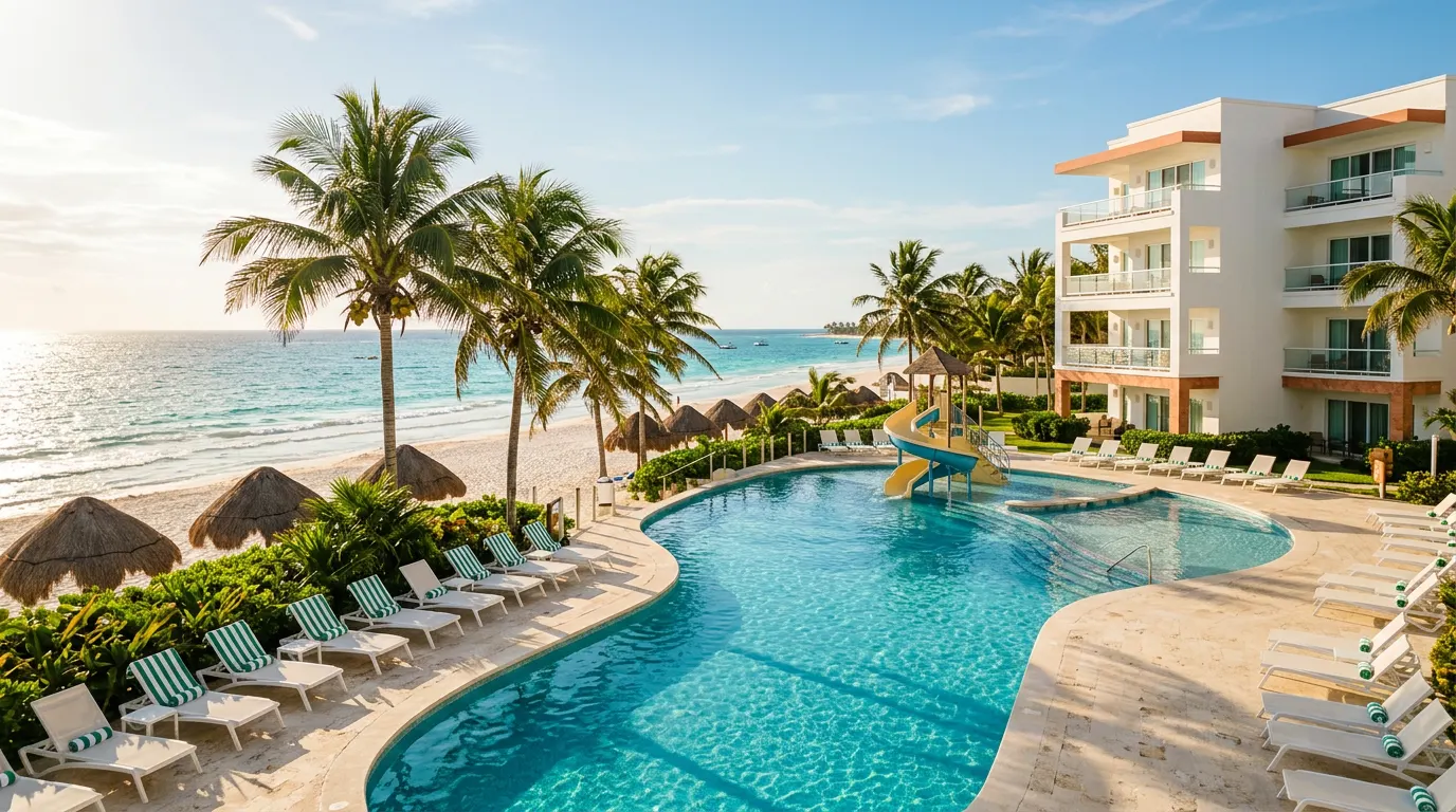 Alberca familiar con tobogán junto a la playa en un resort del Caribe mexicano
