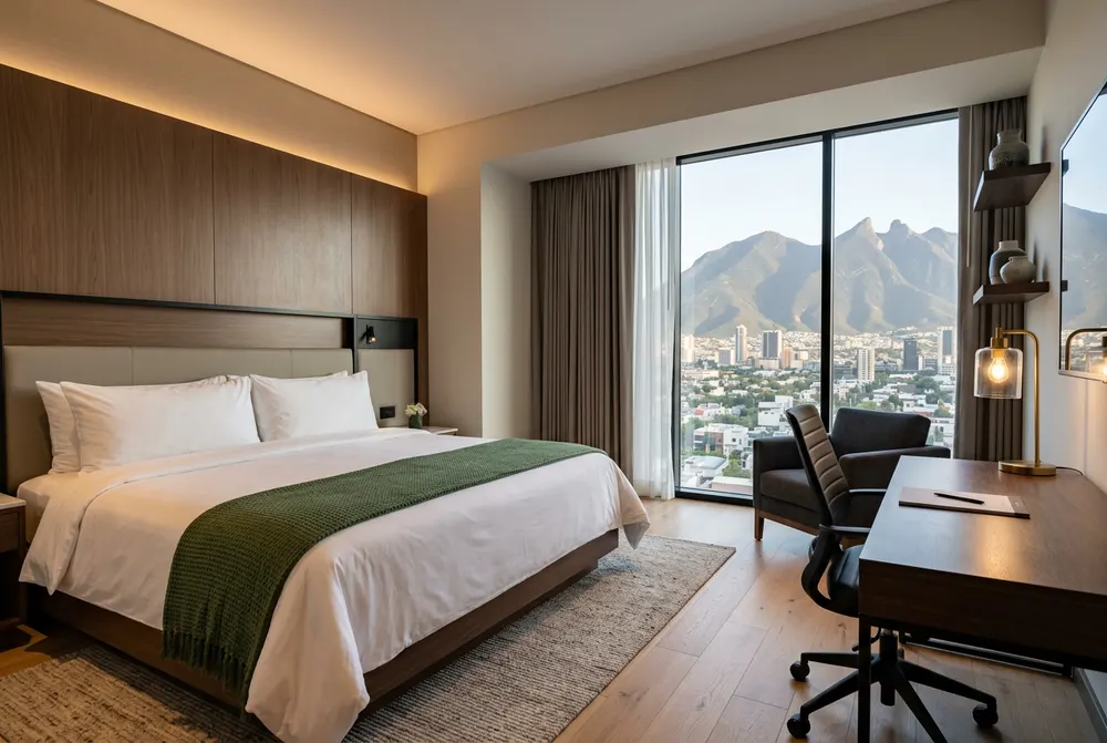 Habitación de hotel con escritorio y vista a las montañas de Monterrey