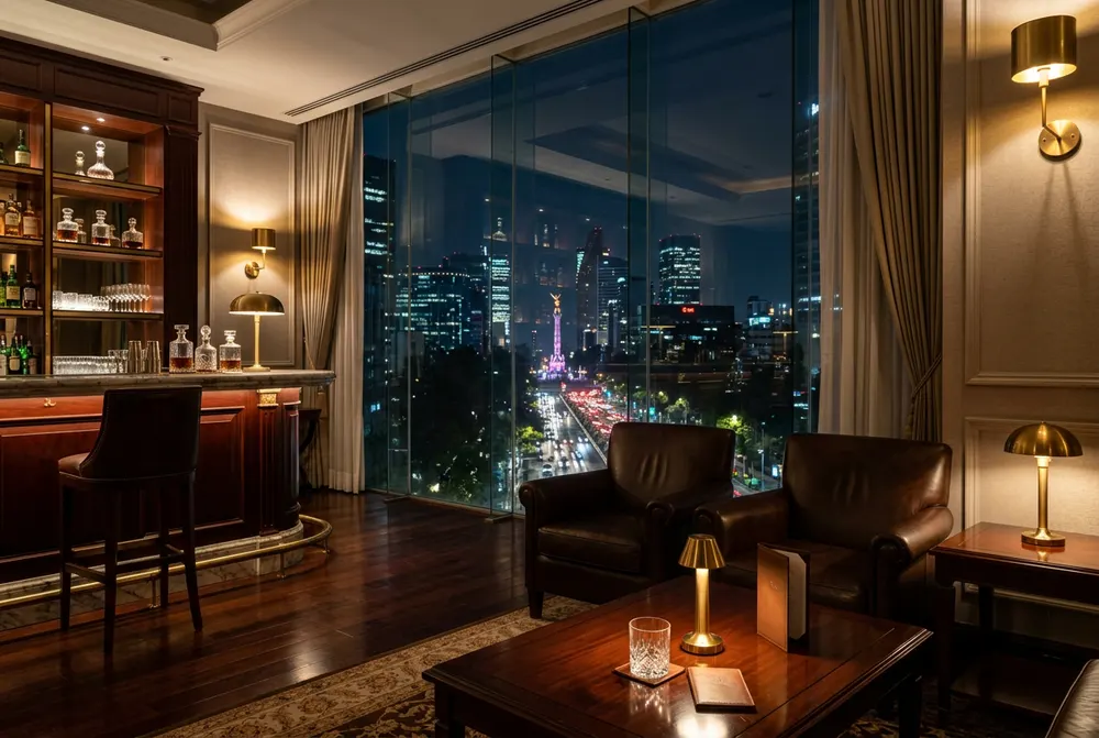 Bar de hotel con vista nocturna a Paseo de la Reforma en la Ciudad de México