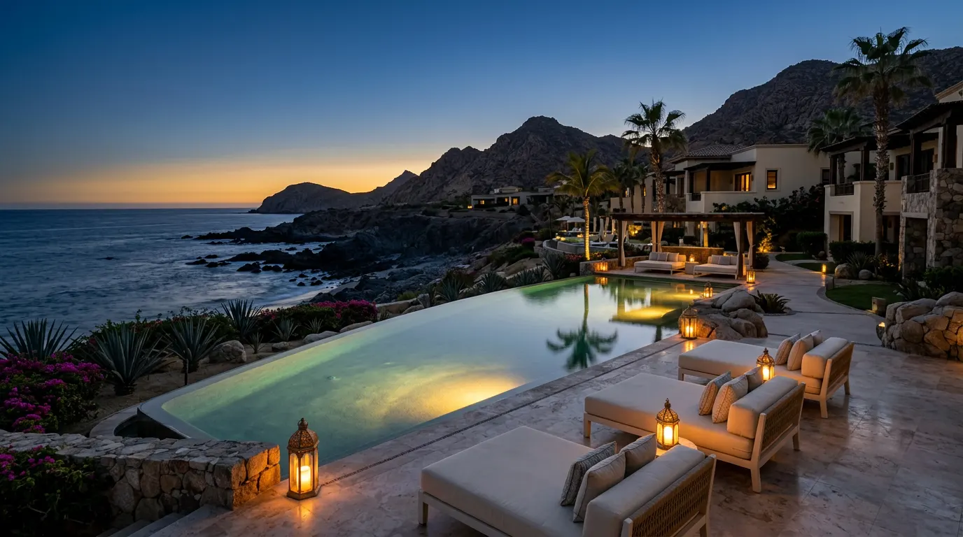 Alberca infinita al atardecer frente al Pacífico en un resort de lujo en Los Cabos