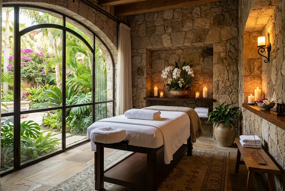 Cabina de spa con muros de piedra, velas y orquídeas